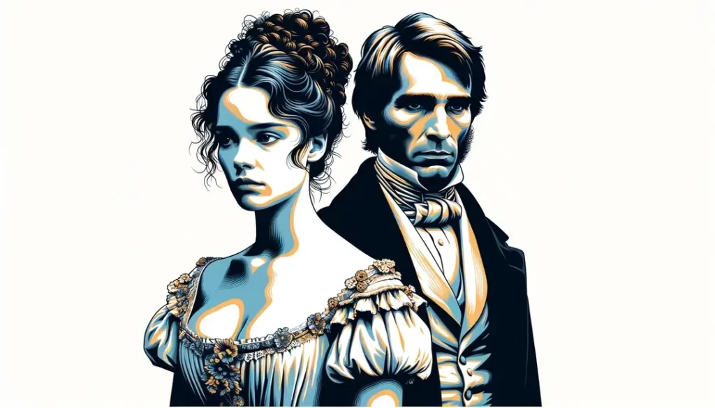 Ilustración de personajes de Émile Zola: Thérèse y Laurent en vestimenta del siglo XIX