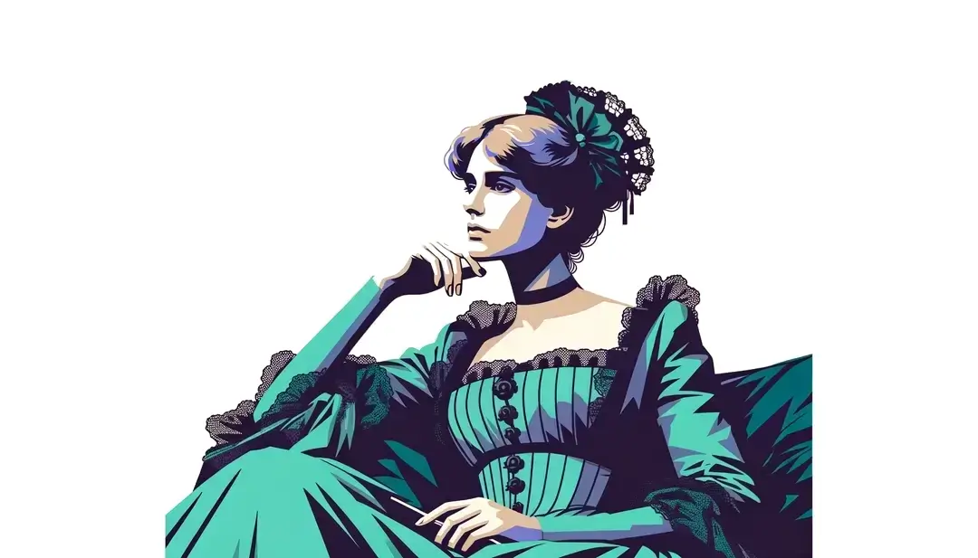 Ilustración minimalista de Emma Bovary en el contexto social del siglo XIX