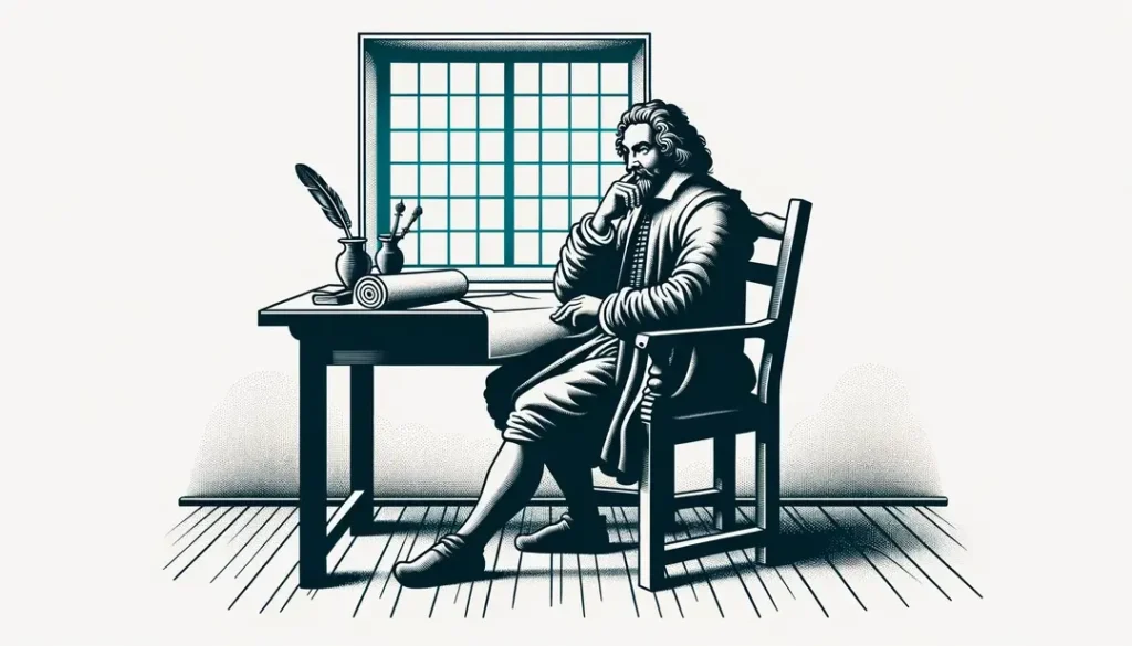 René Descartes sentado en su escritorio