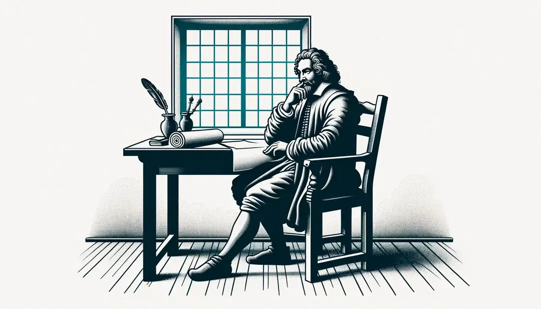 René Descartes sentado en su escritorio