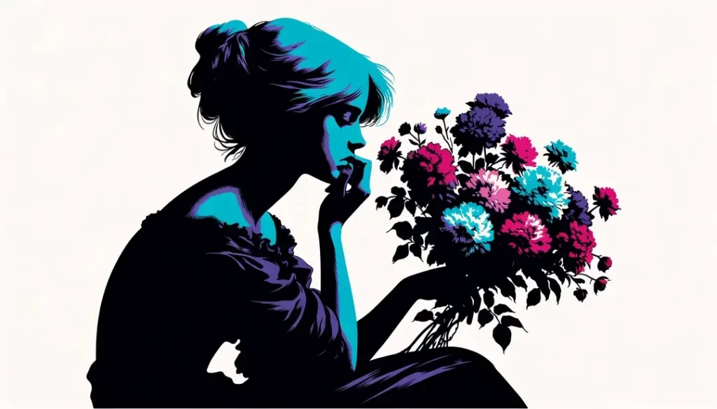 Ilustración minimalista de figura humana contemplando flores oscuras