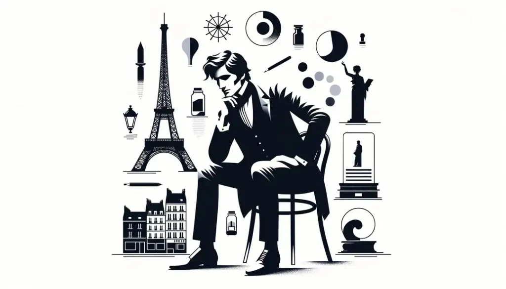 Retrato minimalista de Charles Baudelaire en estilo bohemio del siglo XIX