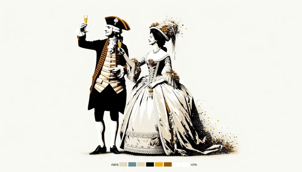 Pareja celebrando una boda francesa del siglo XVIII brindando con champagne