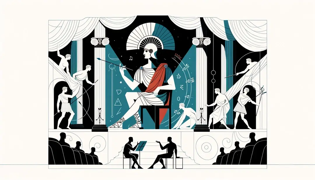 Ilustración de una adaptación teatral minimalista y contemporánea de "Calígula" de Albert Camus