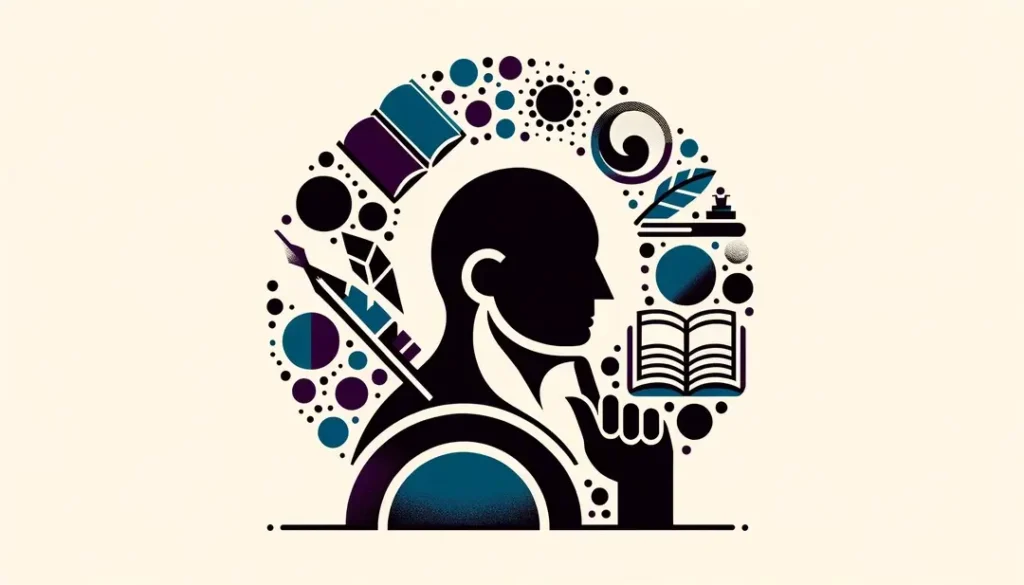 Figura humana rodeada de símbolos literarios franceses sobre fondo blanco