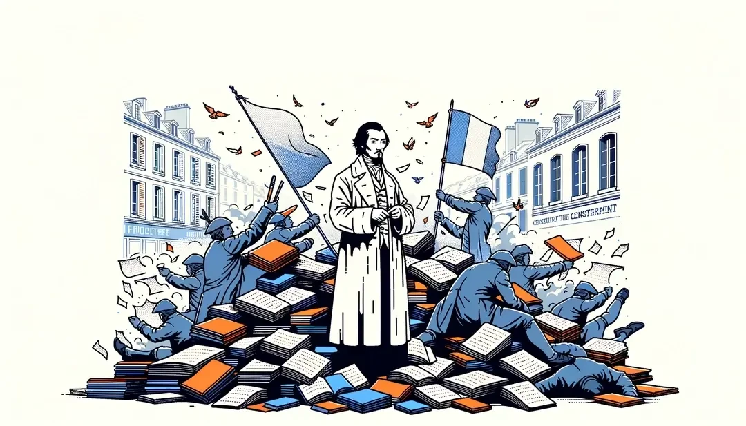 Figura de un filósofo francés del siglo XVIII rodeado de libros y papeles