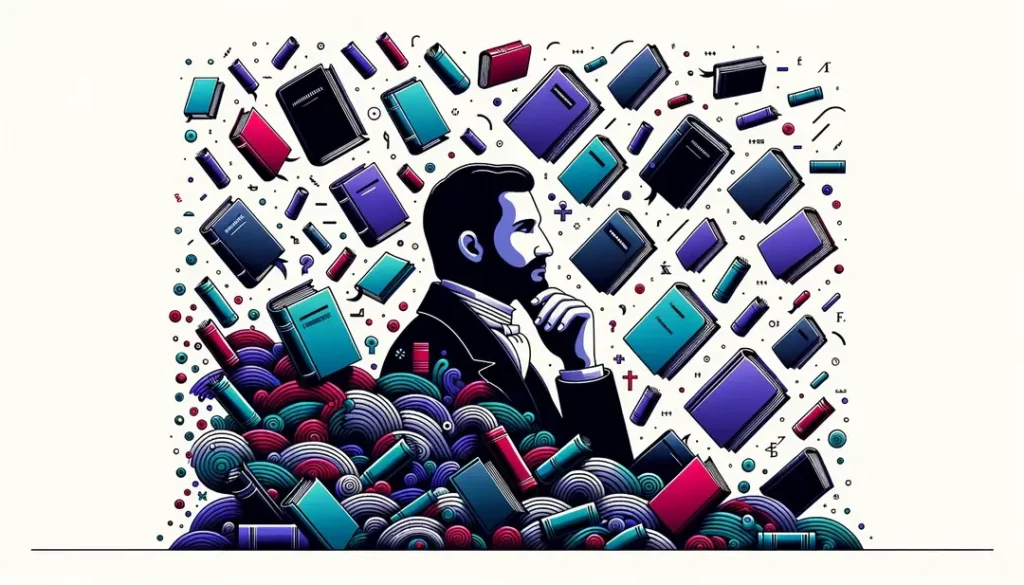 Ilustración minimalista de una figura humana con libros flotando