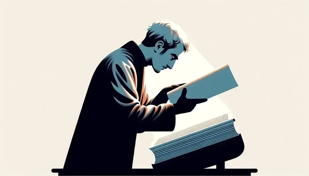 Erudito examinando un manuscrito en un estilo minimalista