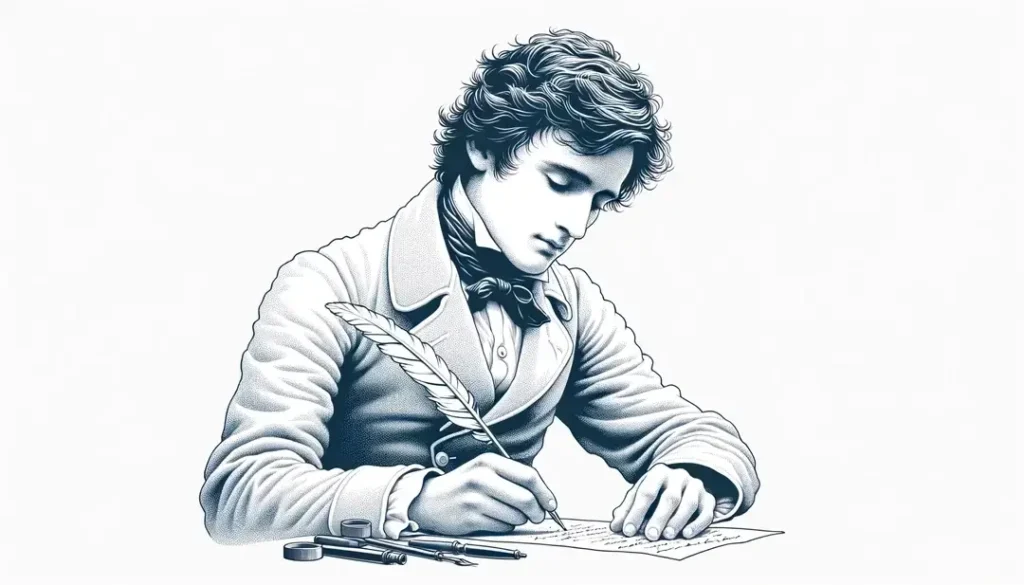 Ilustración minimalista de un poeta francés del siglo XIX escribiendo