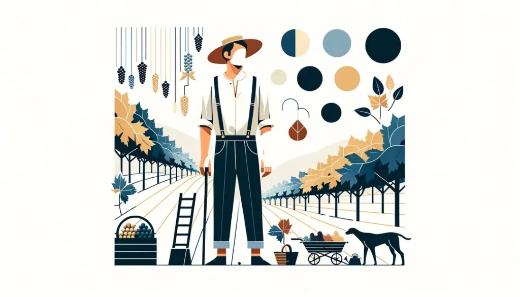 Ilustración minimalista de un viñedo francés durante la cosecha con un viticultor caucásico