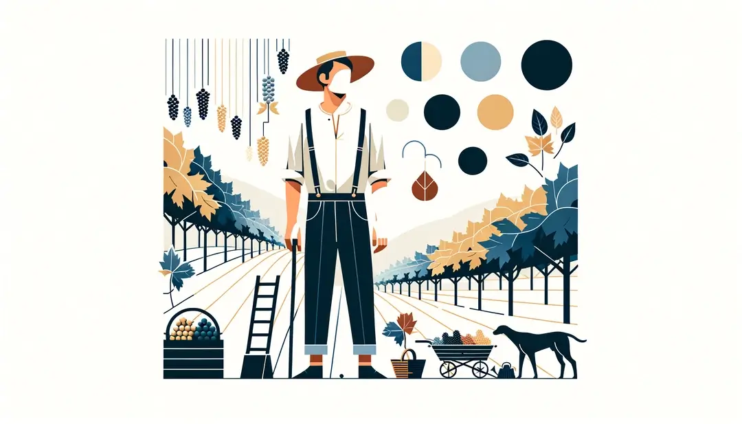 Ilustración minimalista de un viñedo francés durante la cosecha con un viticultor caucásico