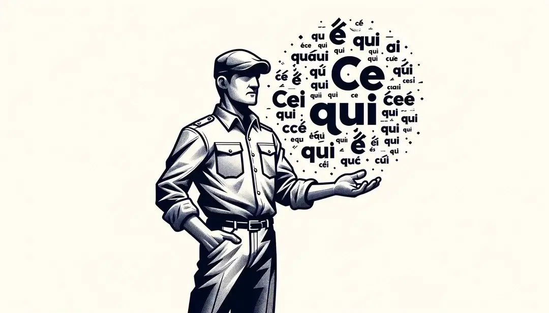 Figura humana con texto flotante de ce qui en un fondo blanco