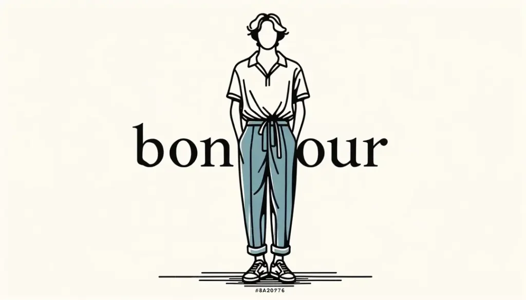 Ilustración minimalista de una figura humana saludando con "Bonjour" en un fondo blanco