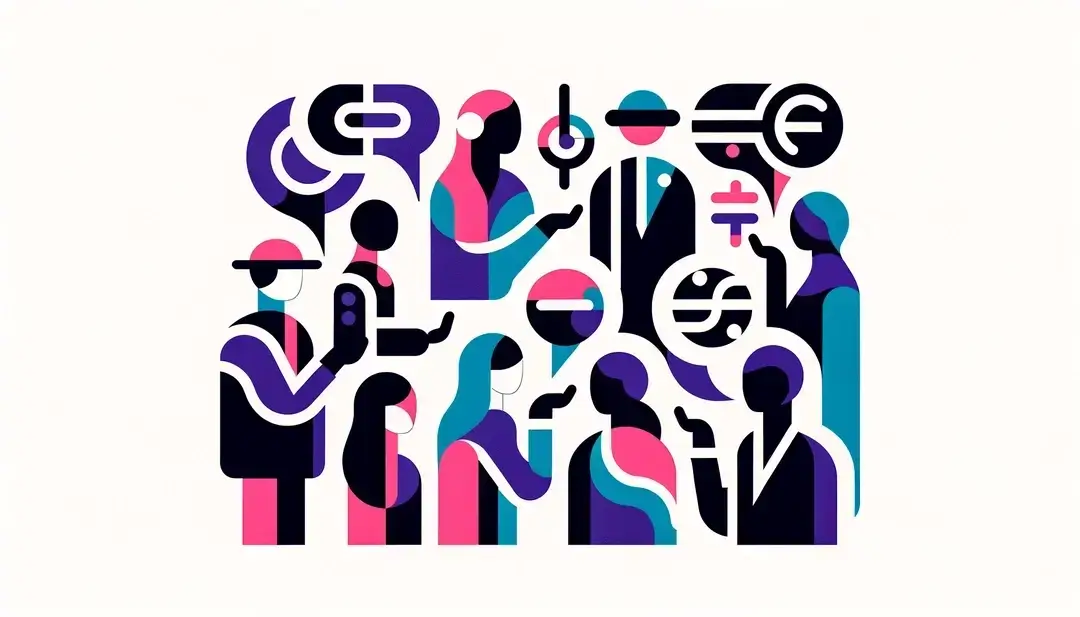 Una ilustración minimalista mostrando figuras humanas con elementos abstractos del lenguaje francés
