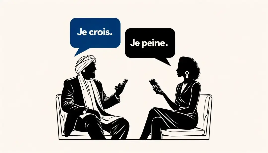 Ilustración minimalista mostrando figuras en colores representando « je crois » y « je pense »
