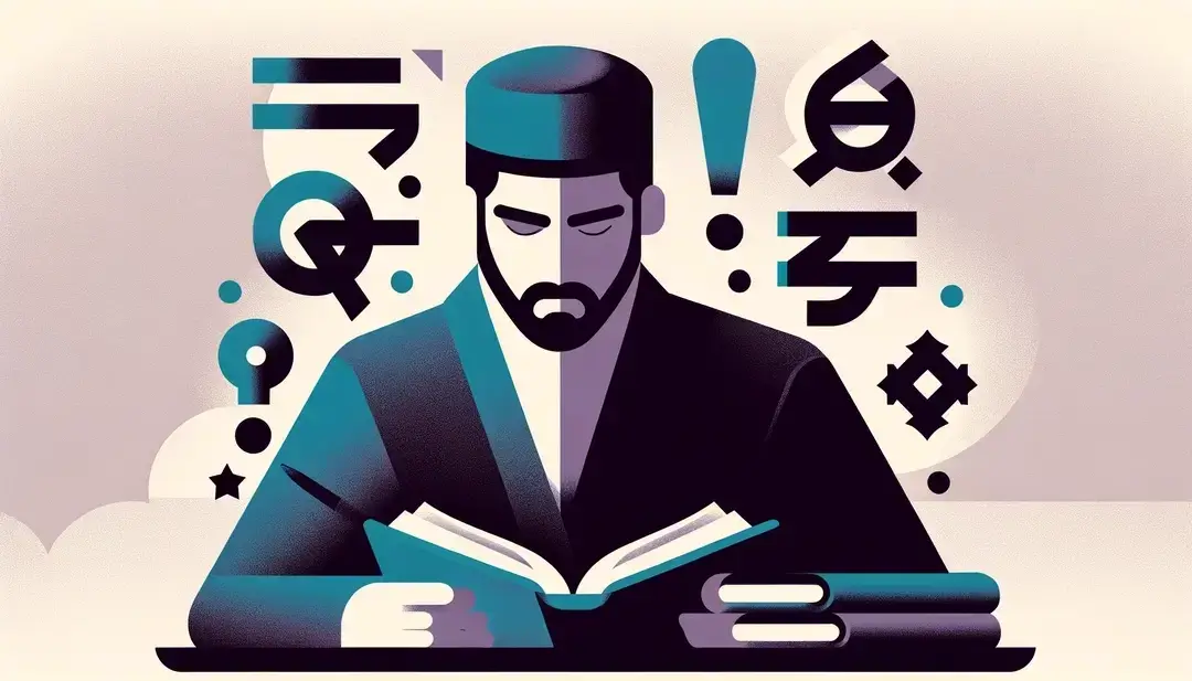 Ilustración de figura humana estudiando gramática española con foco en preposiciones y verbos de estado