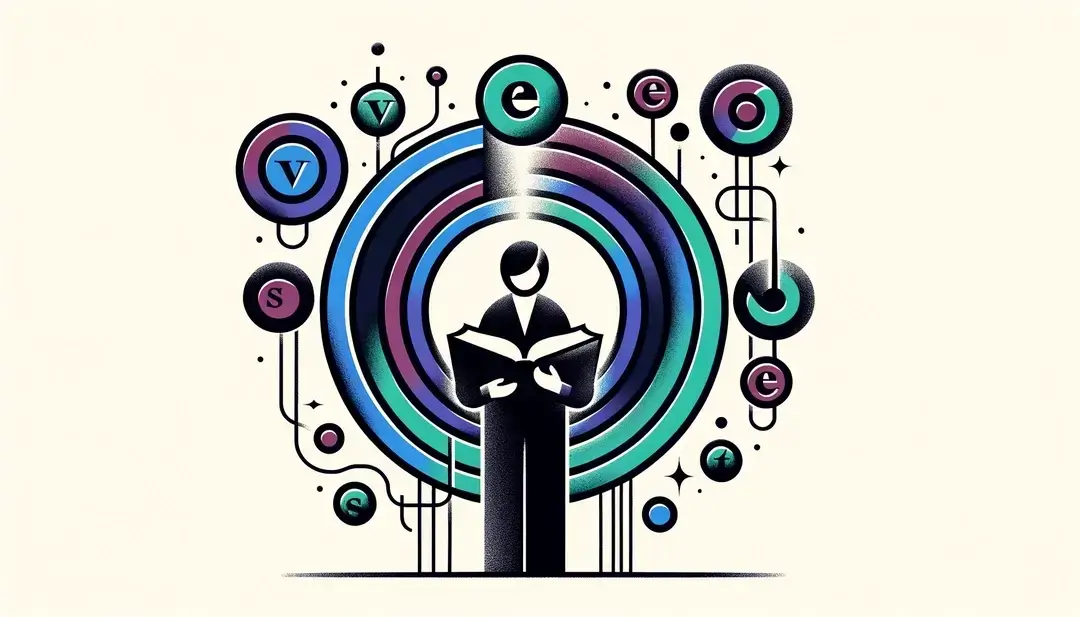 Ilustración minimalista de una figura humana leyendo un libro con símbolos abstractos que representan tiempos verbales