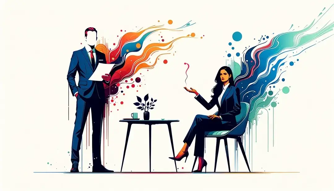 Ilustración minimalista de una reunión de negocios con una figura humana que entrega una carta de dimisión