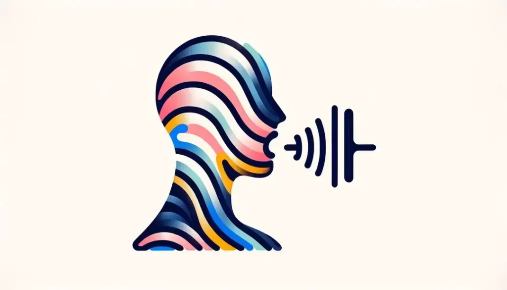 Ilustración minimalista de una figura humana practicando la pronunciación en francés con fondo blanco