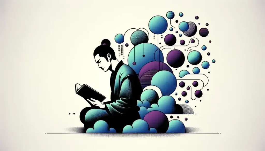 Ilustración minimalista de una figura humana leyendo con elementos de color