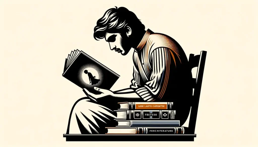 Human figure reading a French literature book reflecting the political and cultural context