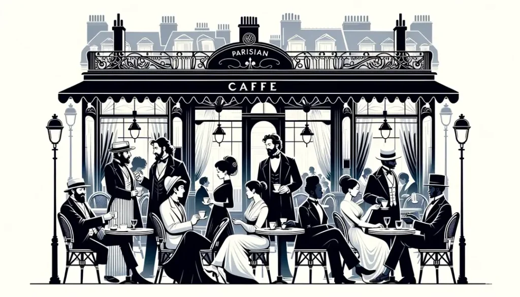 Escena de un elegante café parisino del siglo XIX con figuras diversas debatiendo
