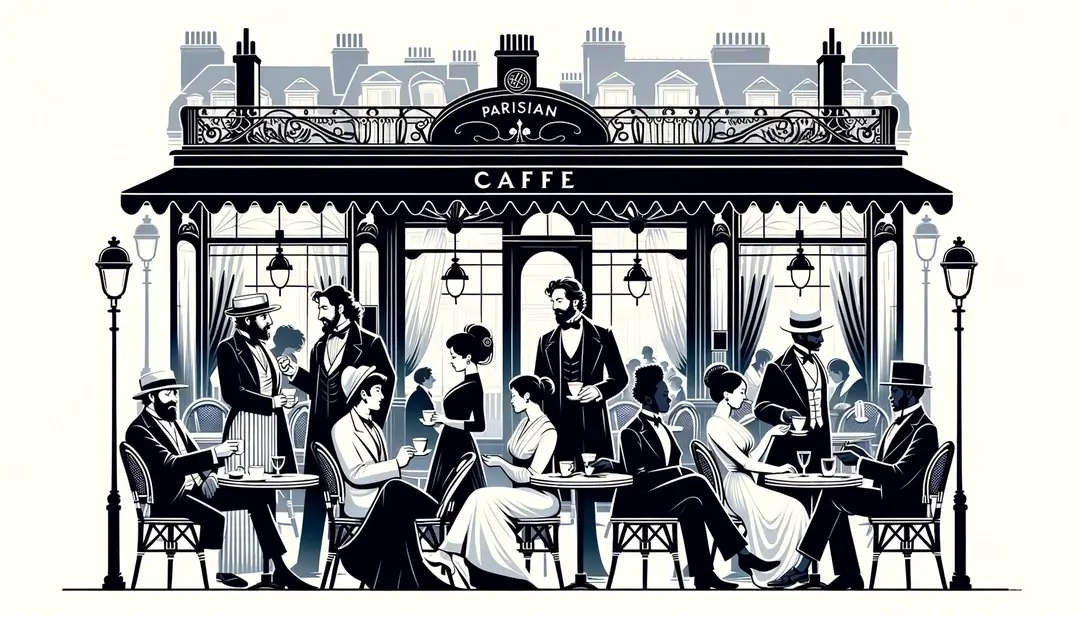 Escena de un elegante café parisino del siglo XIX con figuras diversas debatiendo