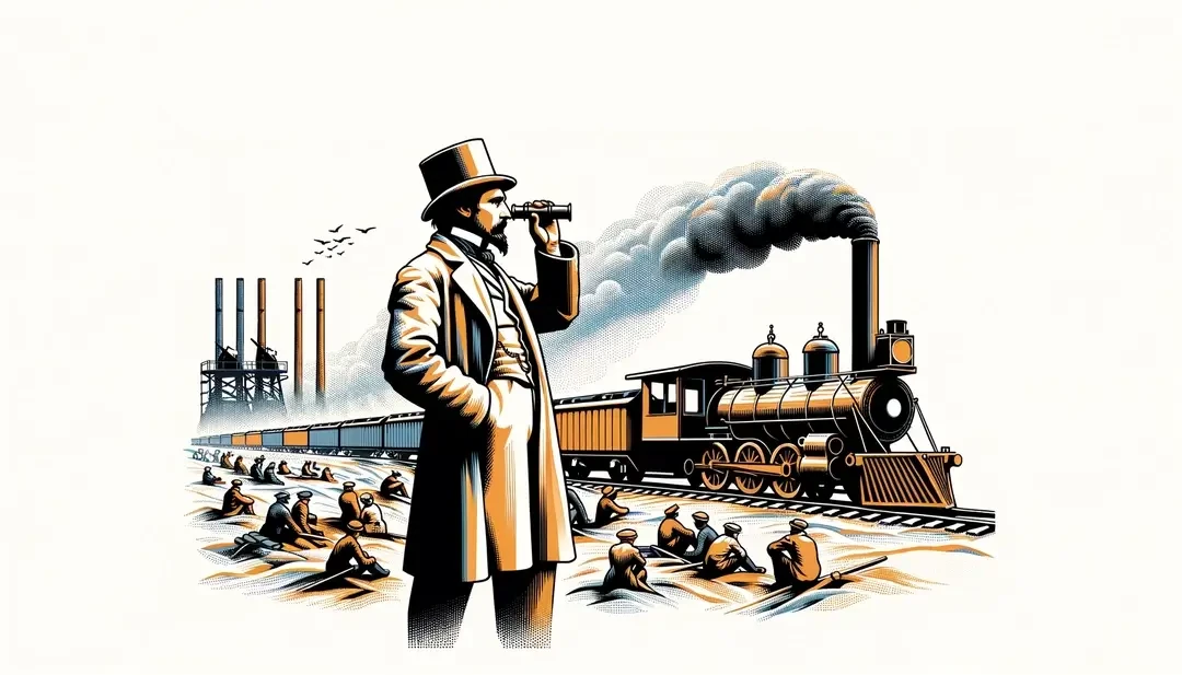 Figura de escritor francés del siglo XIX observando la industrialización