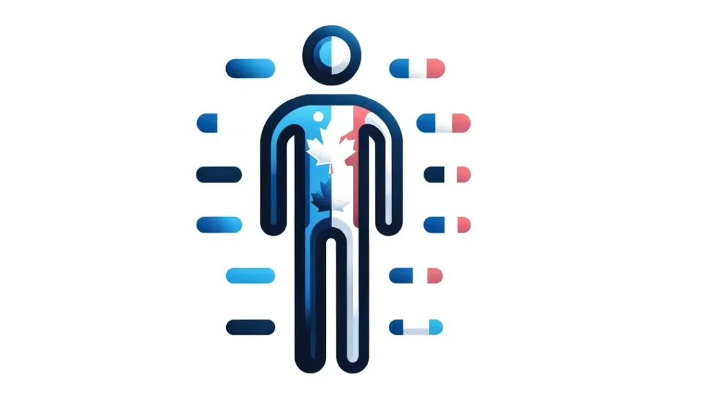 Ilustración minimalista de una figura humana representando la comunicación entre el francés quebequense y el francés europeo con fondo blanco