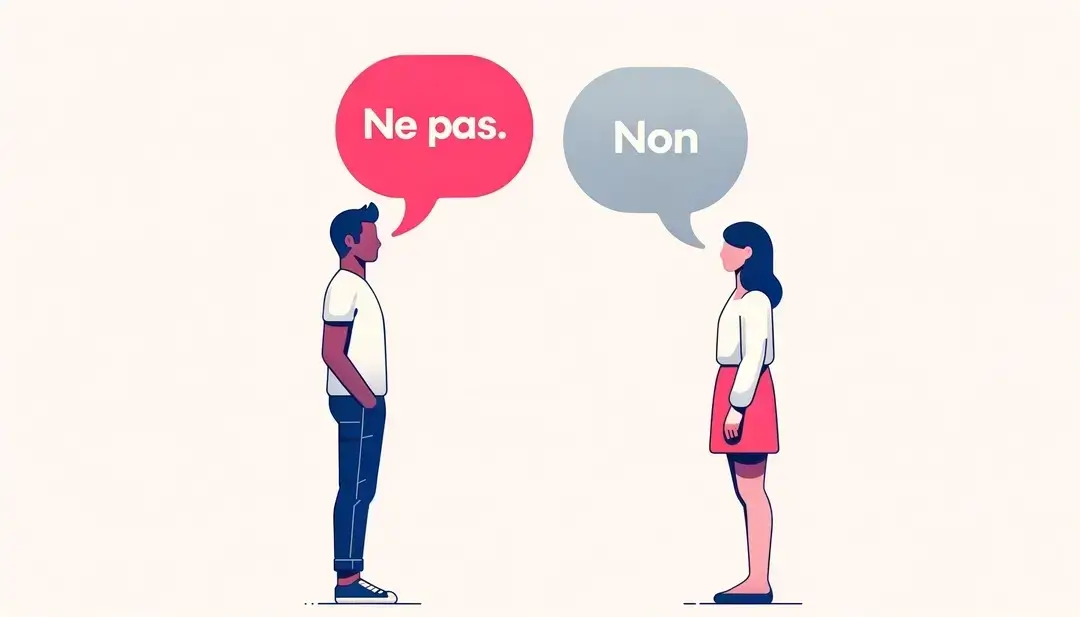 Ilustración minimalista de dos figuras humanas hablando en francés mostrando "ne pas" y "non"