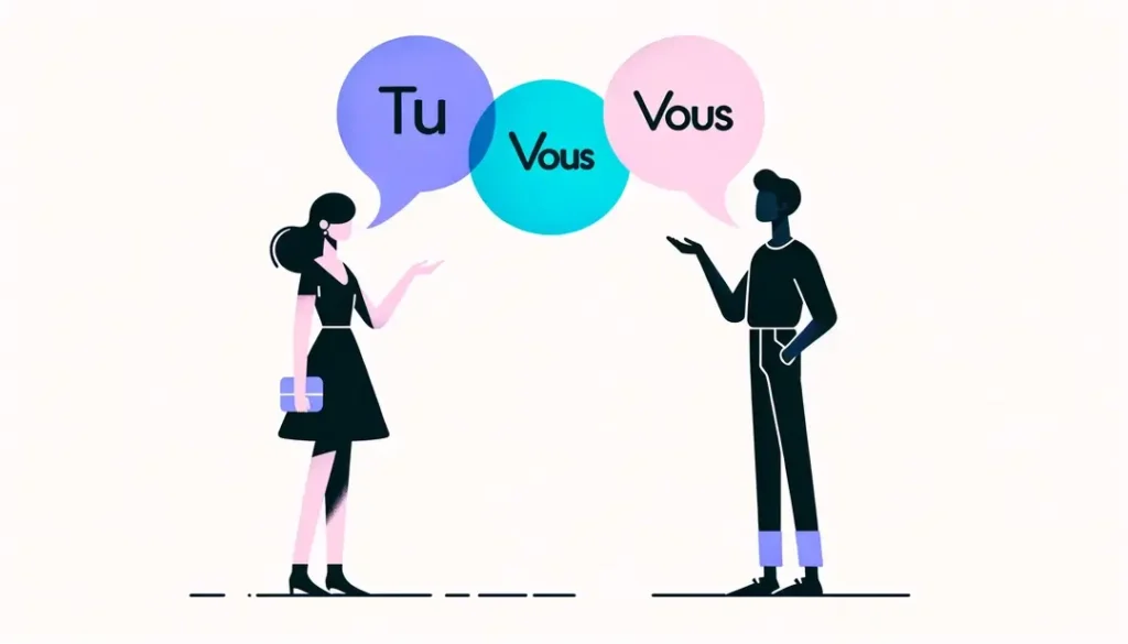Dos figuras humanas simbolizando el uso de «tu» y «vous» en una conversación en francés con fondo blanco