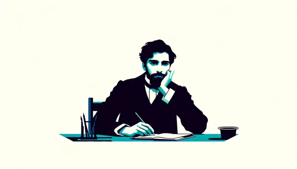 Ilustración minimalista de un escritor francés representando contraste entre realismo y naturalismo en la literatura
