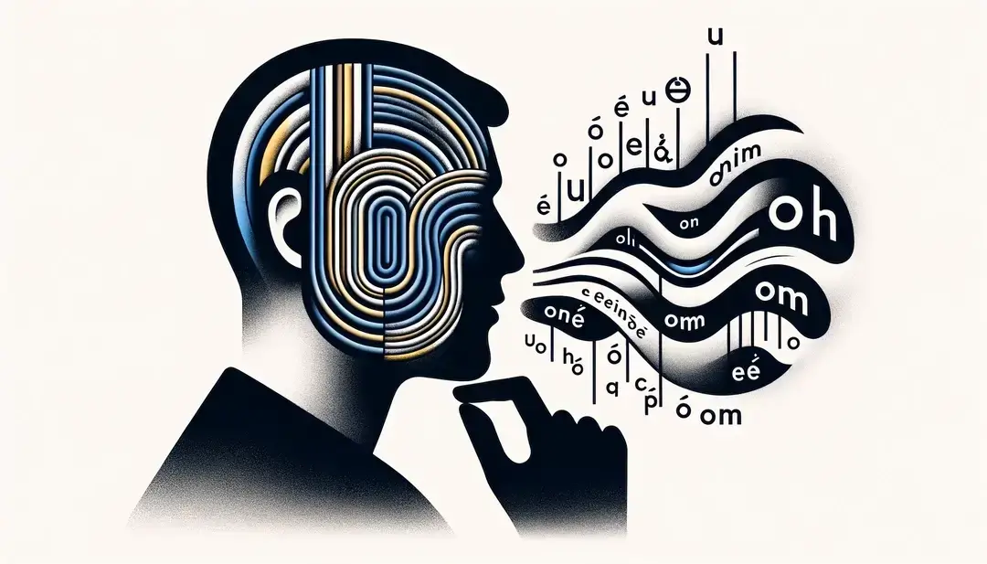 Ilustración minimalista de una figura humana aprendiendo sonidos nasales en francés
