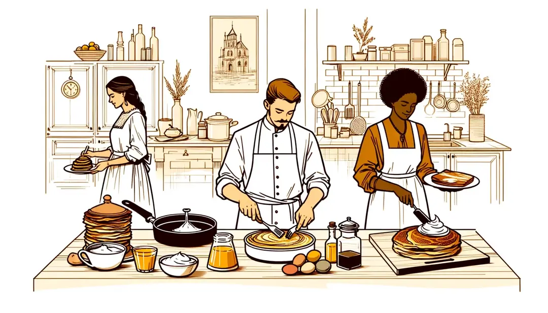 Ilustración de una figura humana cocinando torrijas españolas y pain perdu francés con estilo minimalista