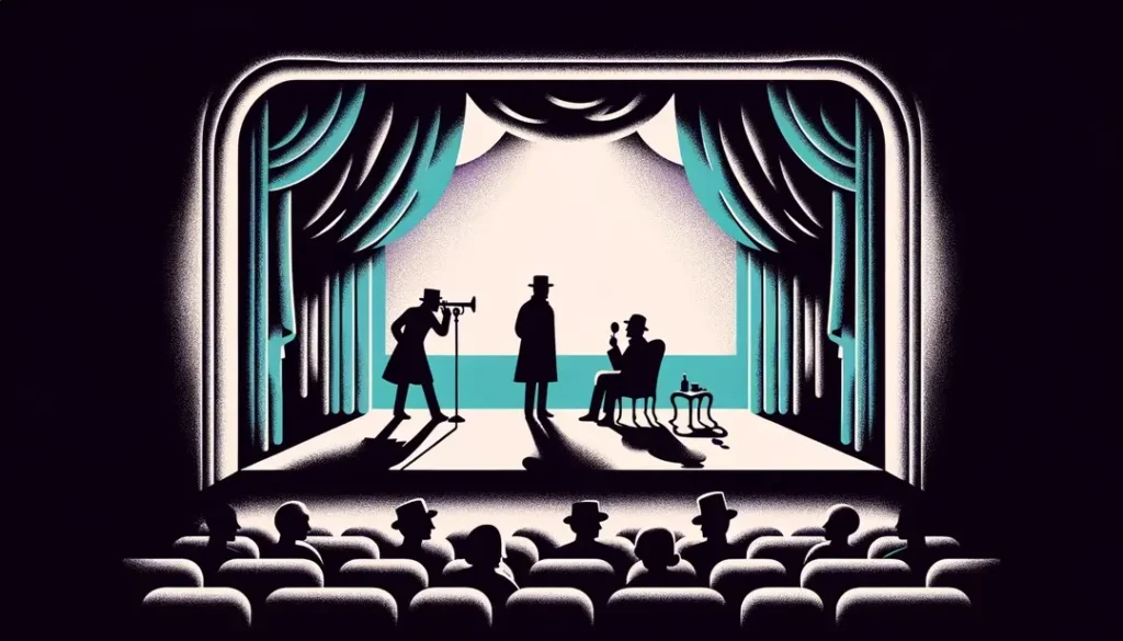 Ilustración minimalista de un escenario teatral francés con temática existencialista