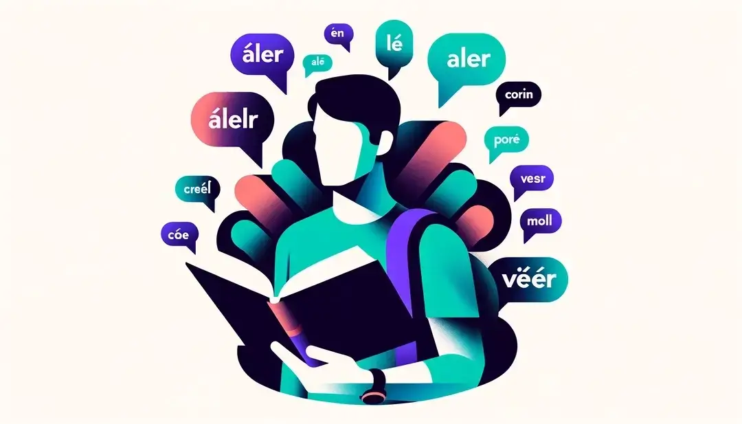 Ilustración de persona estudiando conjugaciones de verbos franceses
