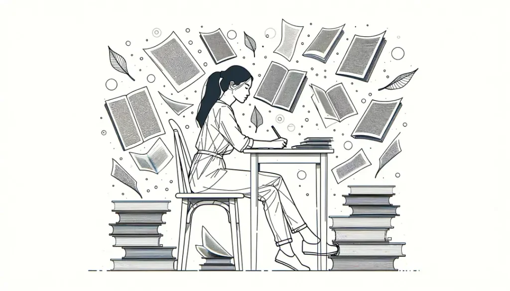 Ilustración de una persona escribiendo rodeada de páginas y libros