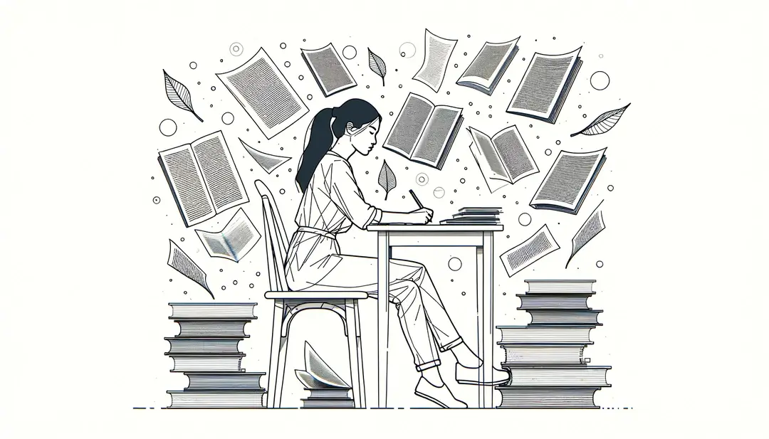 Ilustración de una persona escribiendo rodeada de páginas y libros