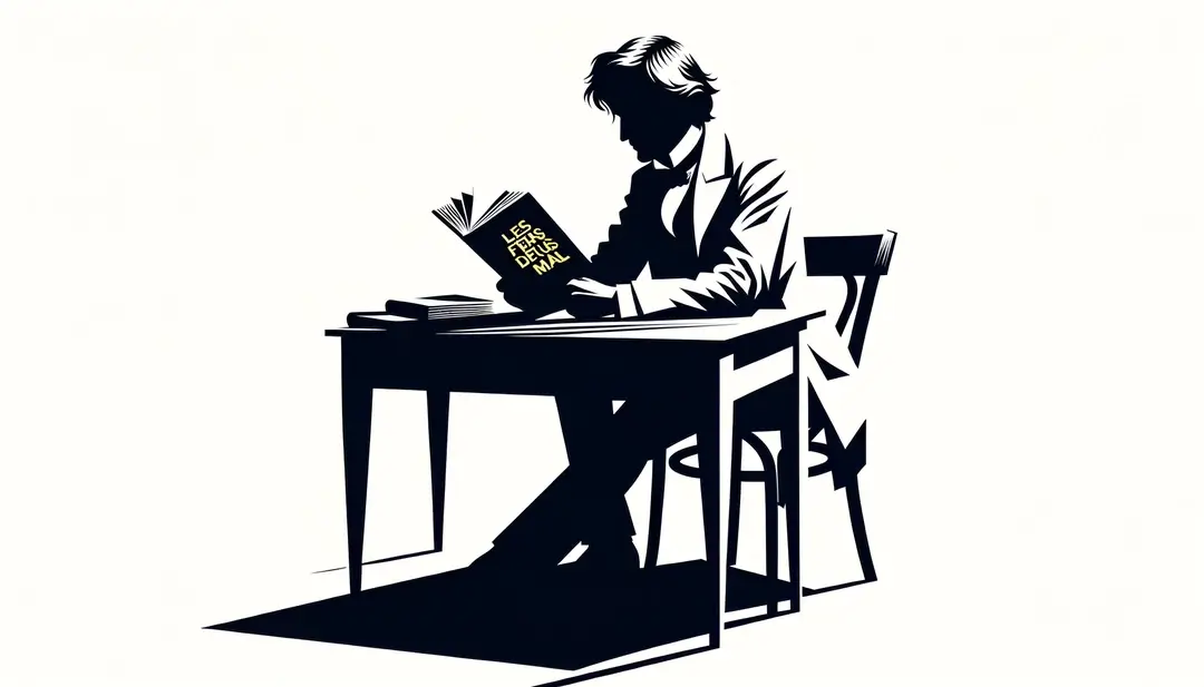 Charles Baudelaire contemplando su libro Las flores del mal en un estilo minimalista