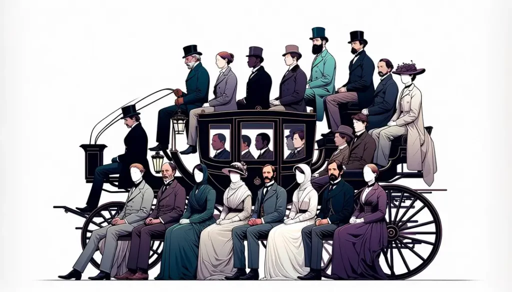 Ilustración de pasajeros burgueses franceses en un carruaje durante la Guerra Franco-Prusiana