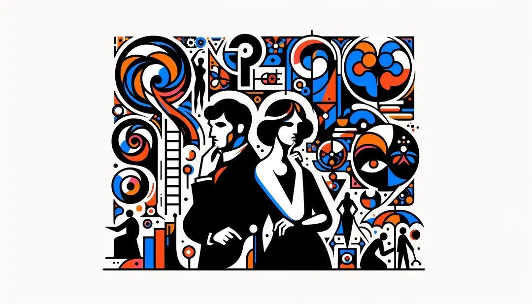 Ilustración de figuras literarias francesas como Roland Barthes y Hélène Cixous interactuando con conceptos de estructuralismo e intertextualidad