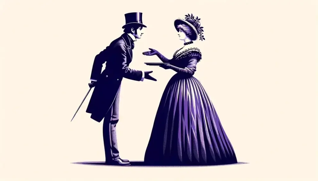 Ilustración de un saludo formal francés del siglo XIX con figura humana vestida de época