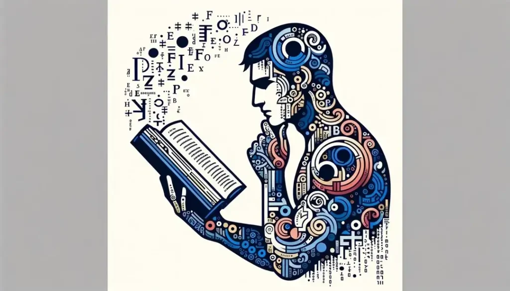 Figura humana estudiando un libro abierto con símbolos que representan el cambio gramatical en el francés clásico