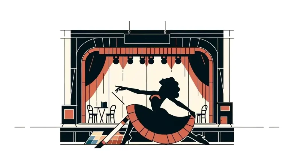 Ilustración minimalista de una actriz en un escenario francés contemporáneo