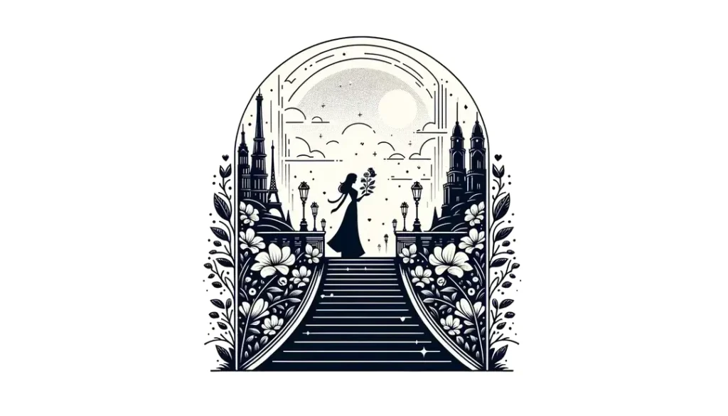 Ilustración minimalista de una figura humana articulando frases románticas en francés sobre un fondo blanco
