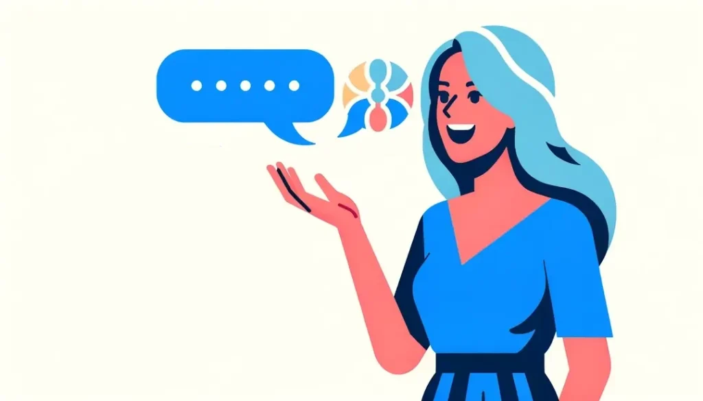 Ilustración de figura humana interactuando con entusiasmo en una conversación en francés