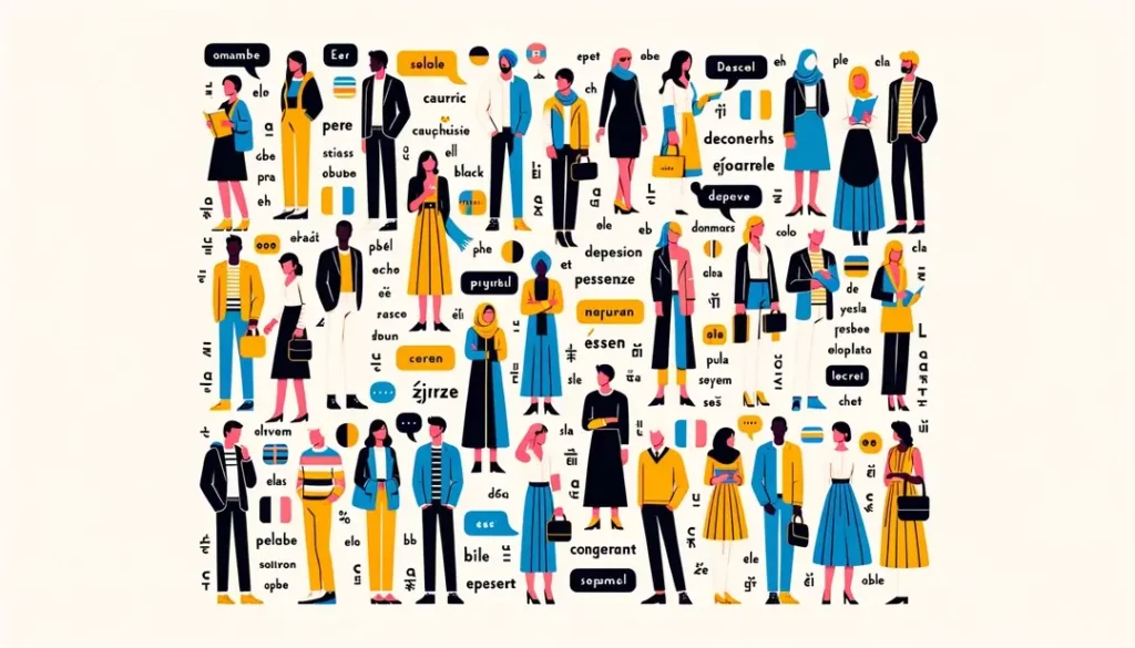 Ilustración minimalista de personas aprendiendo sobre las singularidades del plural francés