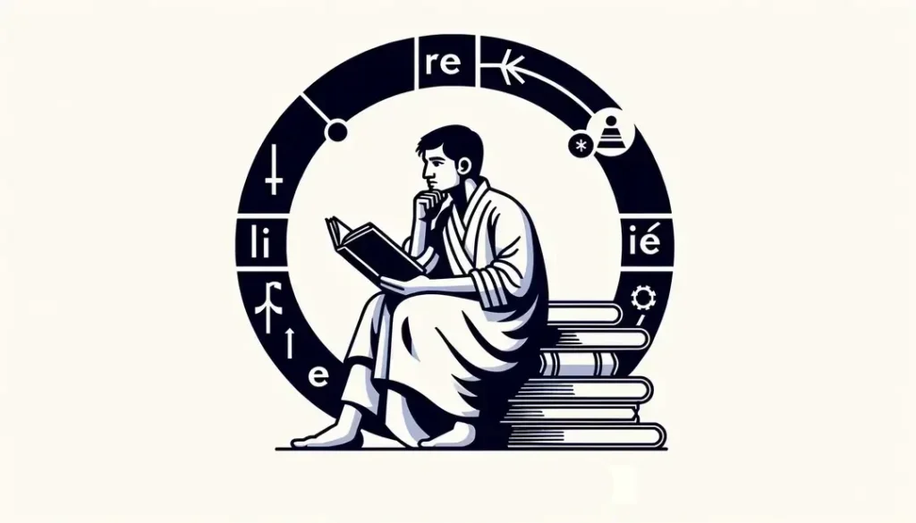 Ilustración minimalista que representa la evolución histórica del prefijo « re- » en el idioma francés