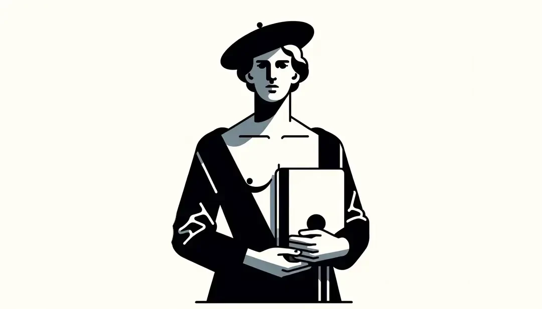 Figura humana sosteniendo un libro sobre gramática francesa con acentos de color