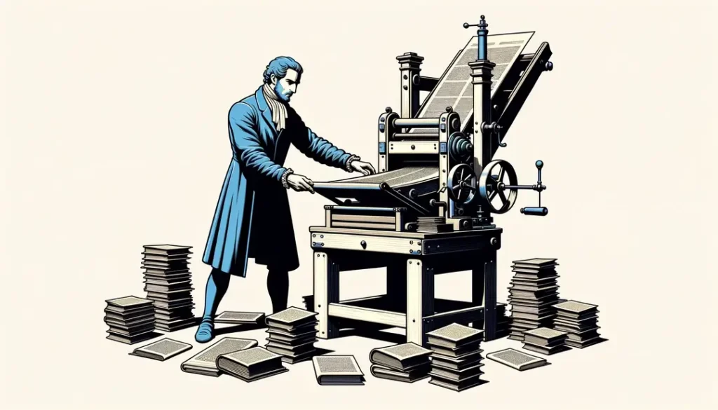 Figura humana imprimiendo manuscritos con colores vivos en la revolución de la imprenta francesa del siglo XVI